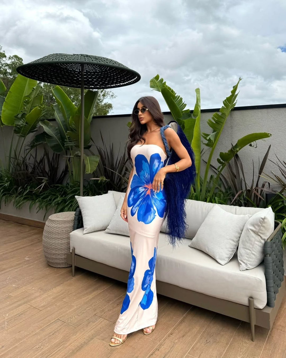 Damen Strapless Maxikleid mit floralen Akzenten und elegantem Slim-Fit WW