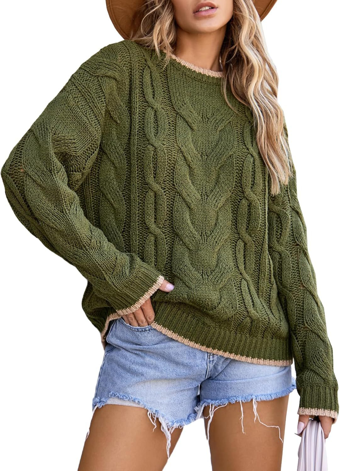 Damen Strickpullover mit grobem Zopfmuster WW