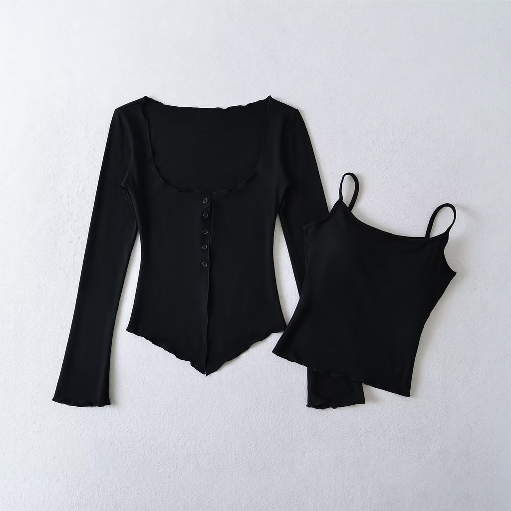 Damen Longsleeve Top mit Knopfleiste und eleganten Volants WW