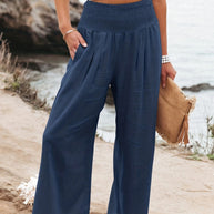 Damen Lange, weite Leinenhose mit elastischem Bund WW