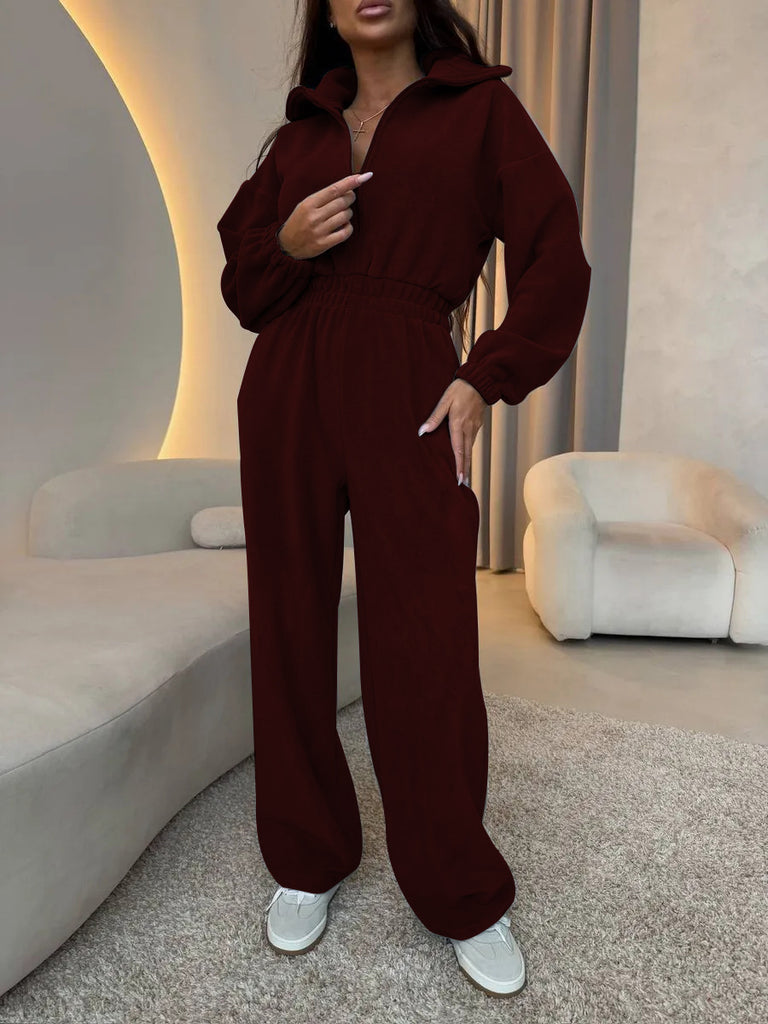 Damen eleganter Jumpsuit mit kurzem Reißverschluss und elastischem Bund WW