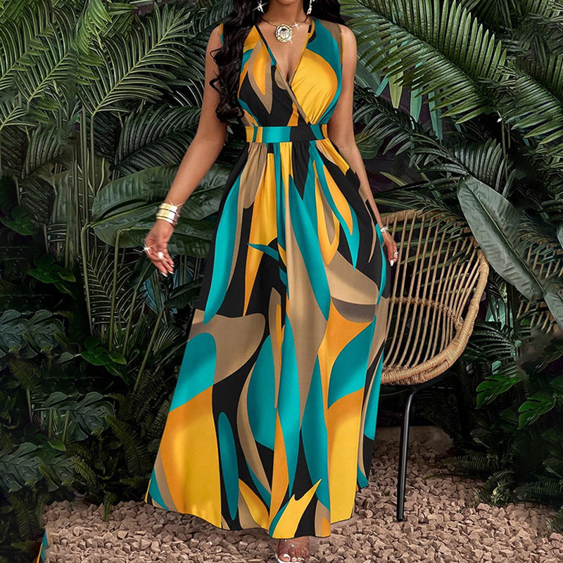 Damen Elegantes Maxikleid mit modernem, farbenprächtigen Design und tiefem V-Ausschnitt WW