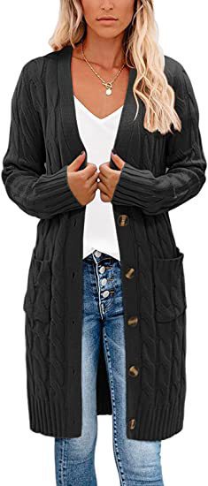 Damen Strickjacke mit asymmetrischem Zopfmuster und praktischen Taschen WW