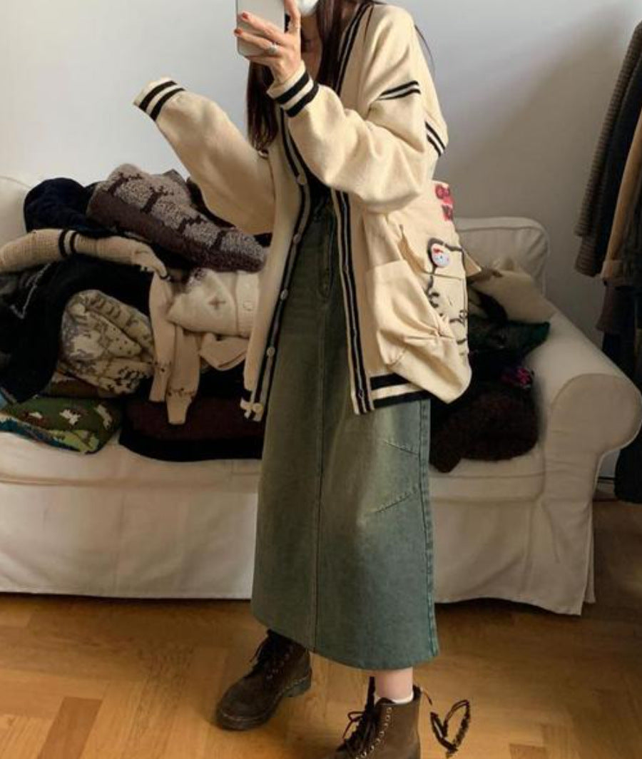Damen bequeme Strickjacke mit lässigem Schnitt und dekorativem Streifen WW