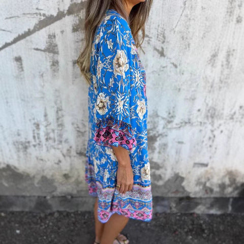 Damen Boho-Chic Kleid mit floralen Mustern und Knopfleiste WW