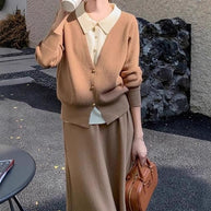 Damen Strickensemble mit eleganter Blusenoptik und weitem Rock WW