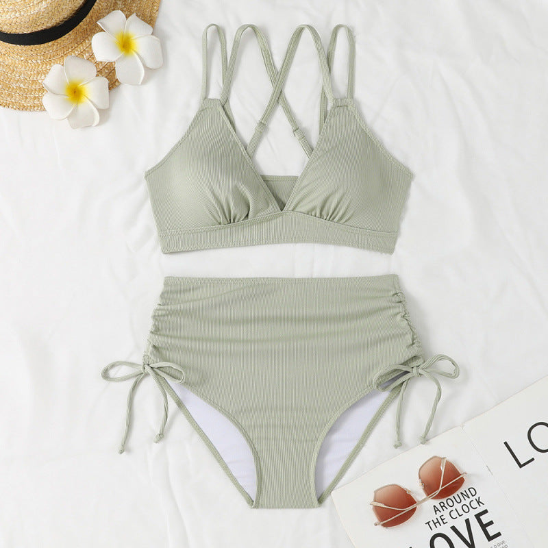Damen schickes High-Waist-Bikini-Set mit verstellbaren Trägern und Raffung WW