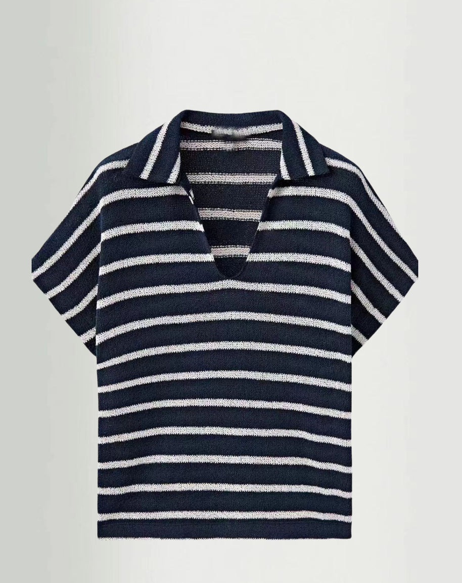 Damen Strickoberteil mit elegantem Kragen und modischem Streifenmuster WW