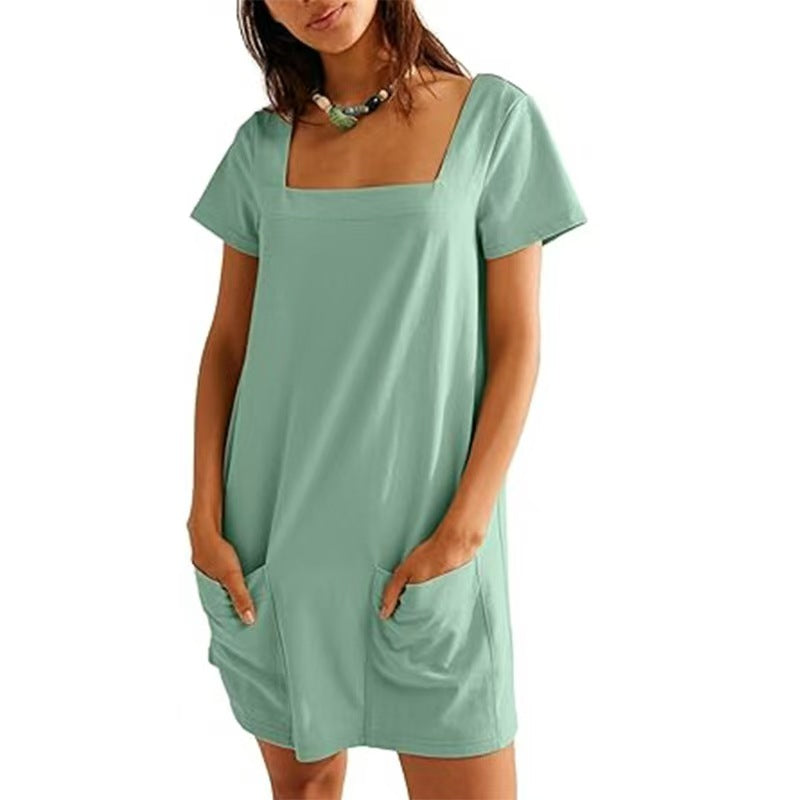 Damen lässiges Tunika-Kleid mit praktischen Taschen und Quadrat-Ausschnitt WW