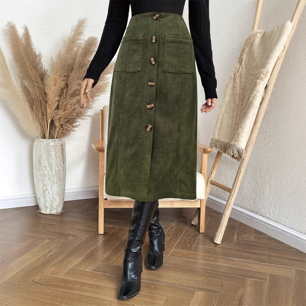 Damen Langer Cordrock mit praktischen Taschen und dekorativen Knöpfen W&W