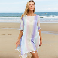 Damen Strandponcho mit luftiger Transparenz und filigranem Quastenrand WW