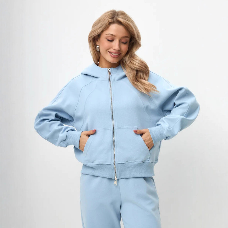Damen sportliches Fleece-Hoodie-Set mit verschließbarem Reißverschluss WW