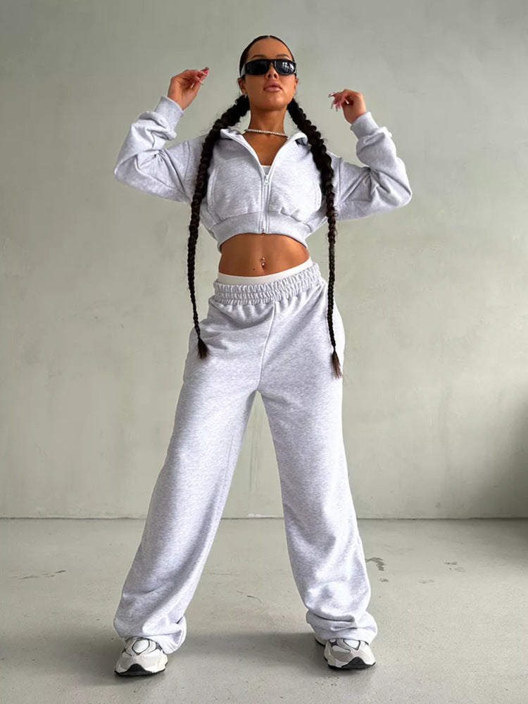 Damen sportliches Cropped Oberteil und weite Freizeithosen Set WW