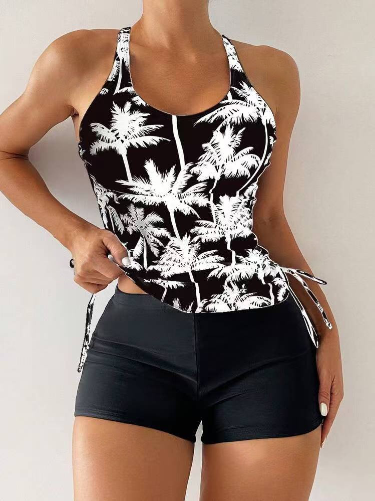 Damen Sportlicher Tankini mit modischem Palmendruck und flexiblen Shorts WW