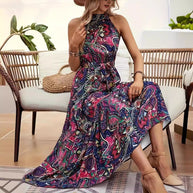 Damen Maxikleid im Boho-Stil mit hohem Kragen und Bindegürtel WW
