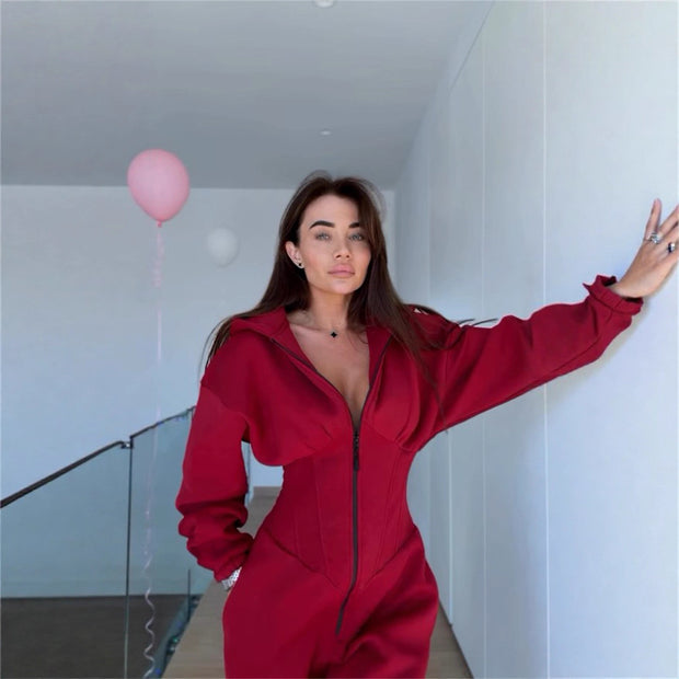 Damen Sportlicher Fleece-Jumpsuit mit hohem Kragen und trendiger Silhouette WW