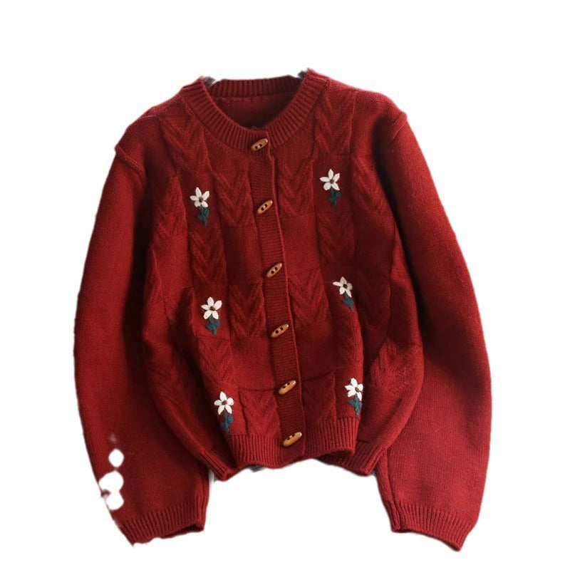 Damen Strickjacke mit floralem Zopfmuster und Holzknöpfen WW