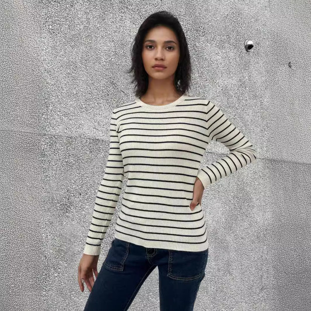Damen Rippstrickpullover mit Streifenmuster und langen Ärmeln WW