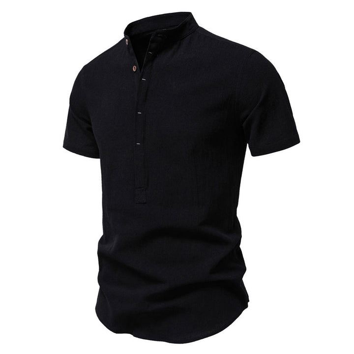 Herren nan lässiges Kurzarmshirt mit Stehkragen, halber Knopfleiste und leicht strukturierter Baumwoll-Leinen-Qualität W&W Mode