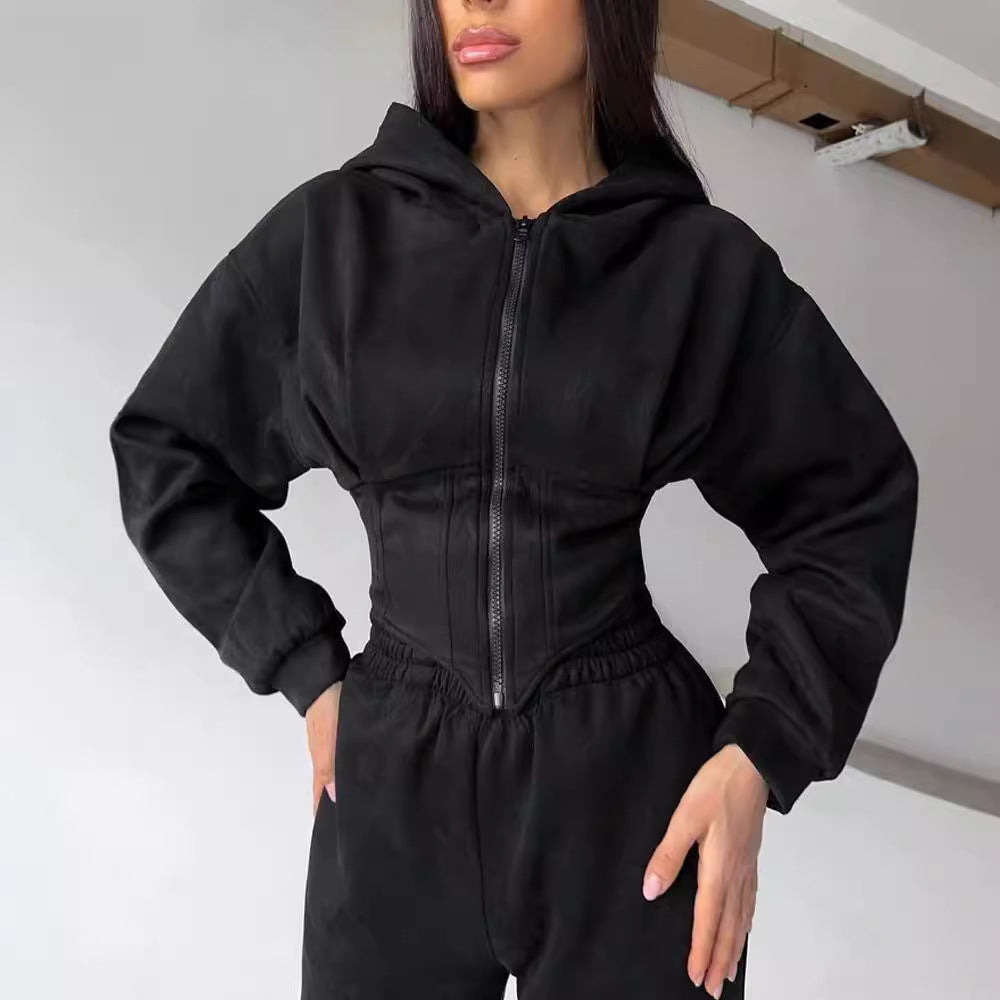 Damen sportlicher Jumpsuit mit Reißverschluss und Kapuze WW