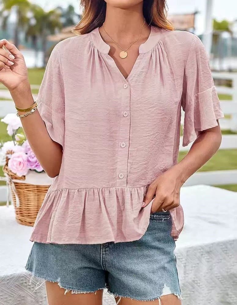 Damen Bluse mit Rüschensaum und Knopfdetails WW