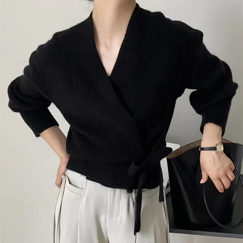 Damen Wickeljacke mit breiten Ärmeln und Taillenknoten WW