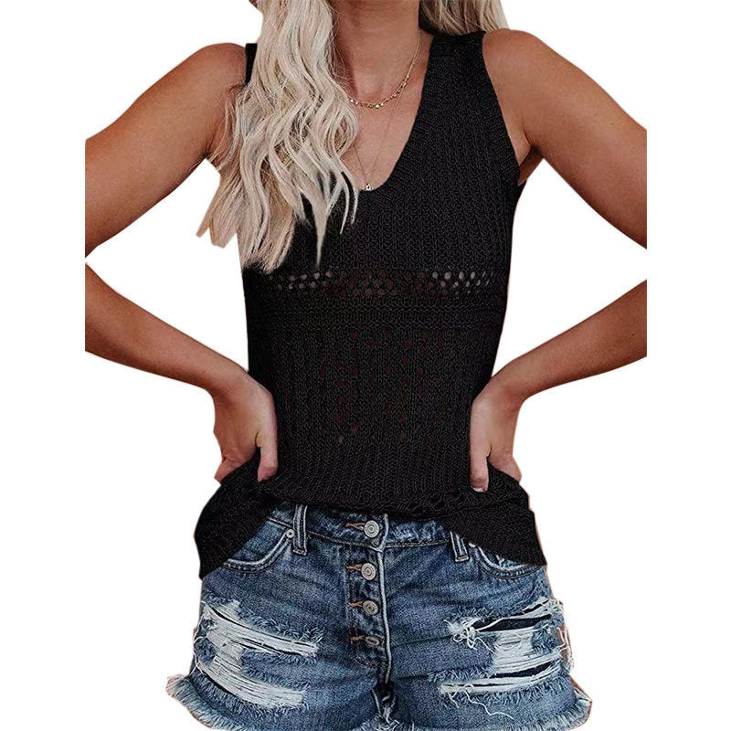 Damen luftiges Stricktop mit V-Ausschnitt und feinen Lochmustern W&W Mode