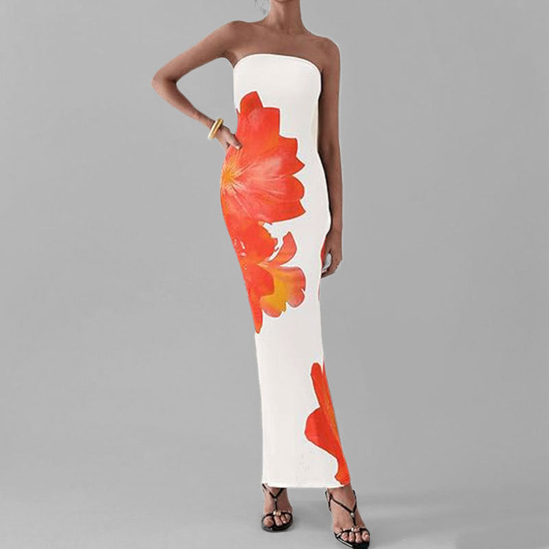 Anmutiges Blumenmuster Schulterfreies Figurbetontes Kleid W&W Mode