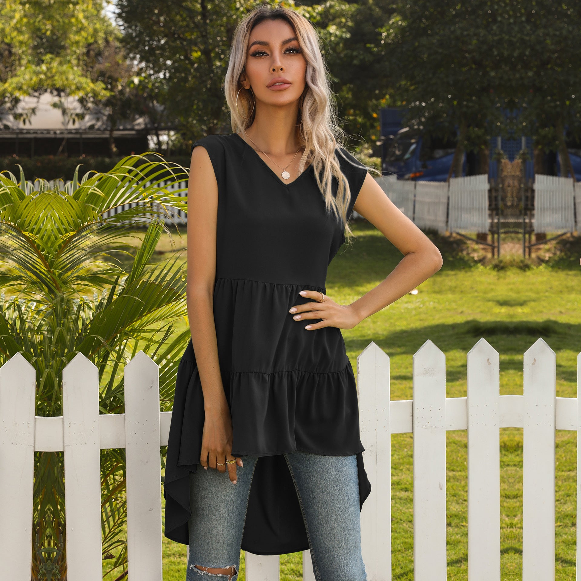 Damen ärmelloses Tunika-Kleid mit asymmetrischem Saum und schickem Volant WW