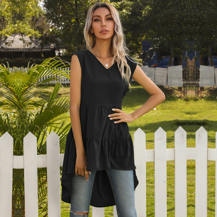 Damen ärmelloses Tunika-Kleid mit asymmetrischem Saum und schickem Volant WW