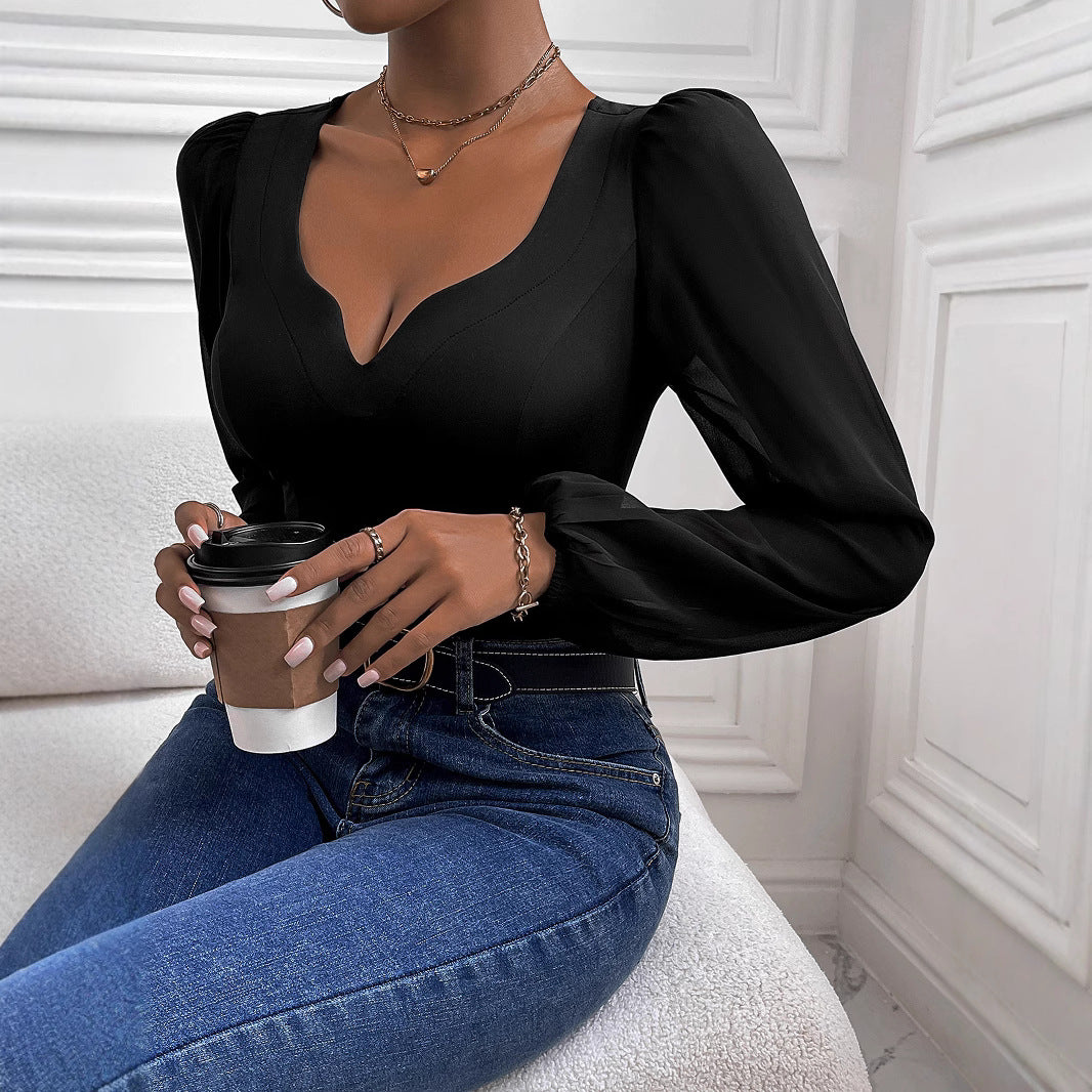 Damen Body mit tiefem V-Ausschnitt und transparenten Puffärmeln WW