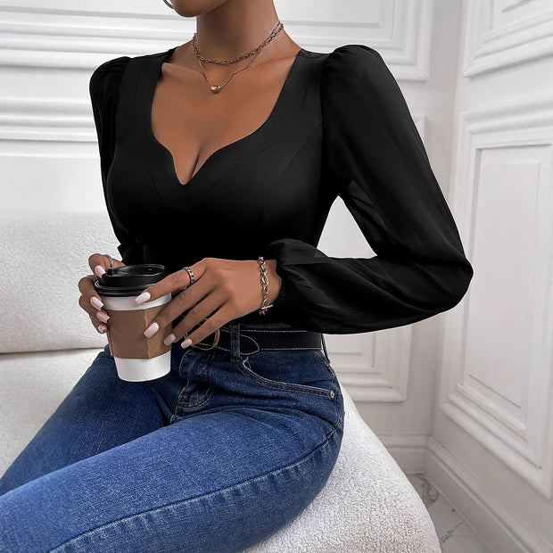Damen Body mit tiefem V-Ausschnitt und transparenten Puffärmeln WW
