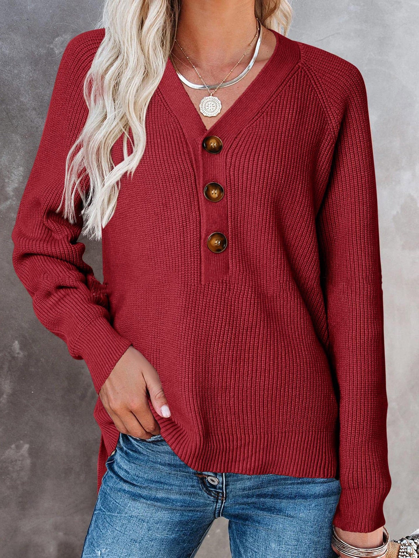 Damen Strickpullover mit V-Ausschnitt und Knopfdetails WW