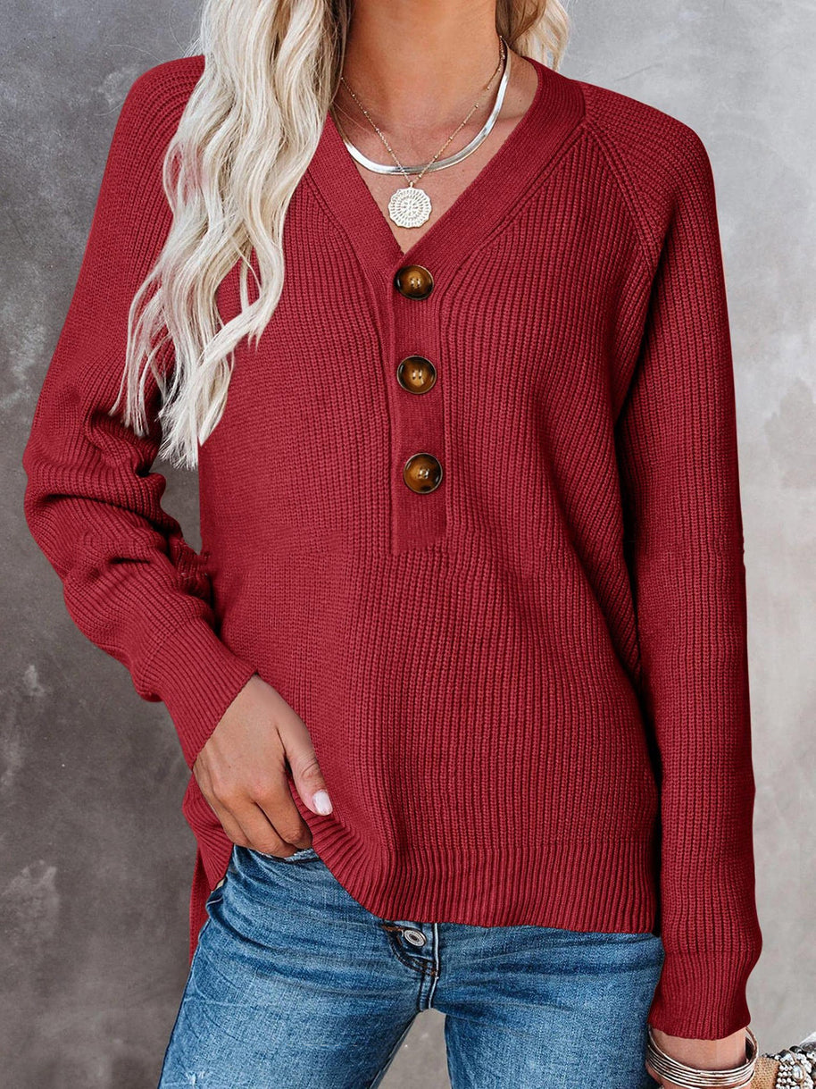 Damen Strickpullover mit V-Ausschnitt und Knopfdetails WW