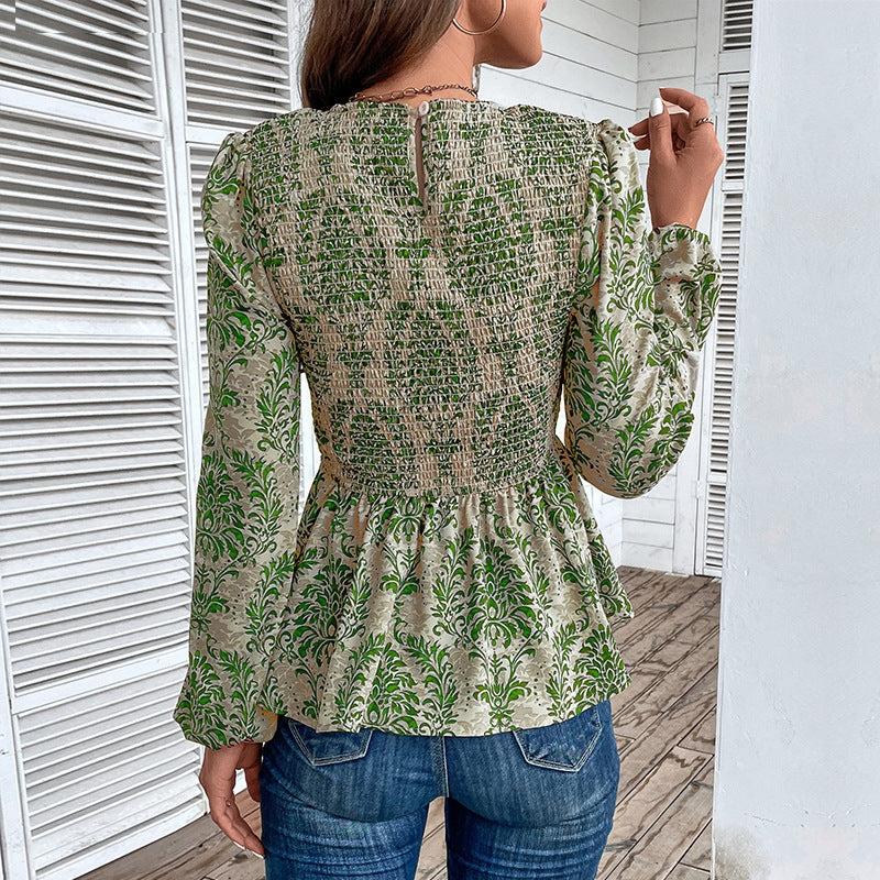 Damen Bluse mit eleganter Rüschennähten und floralem Muster WW