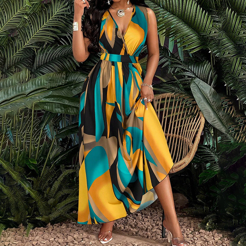 Damen Elegantes Maxikleid mit modernem, farbenprächtigen Design und tiefem V-Ausschnitt WW