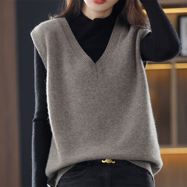 Damen Ärmellose Strickweste mit V-Ausschnitt und feiner Textur WW