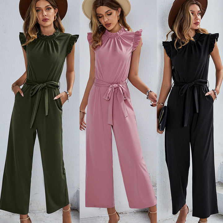 Damen eleganter Jumpsuit mit Rüschendetails und taillierbarem Gürtel W&W Mode