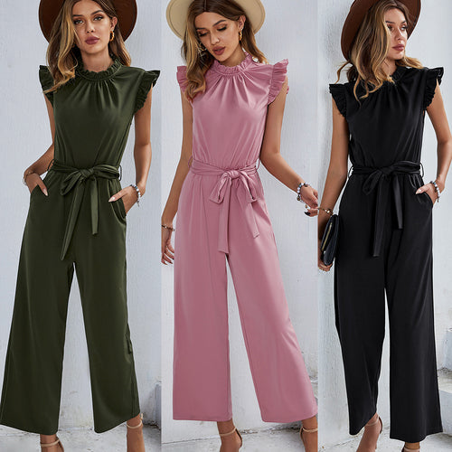 Damen eleganter Jumpsuit mit Rüschendetails und taillierbarem Gürtel WW