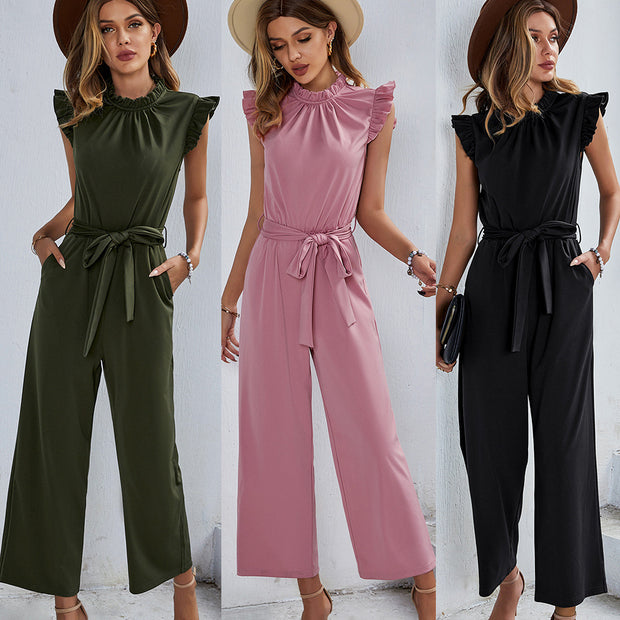 Damen eleganter Jumpsuit mit Rüschendetails und taillierbarem Gürtel WW