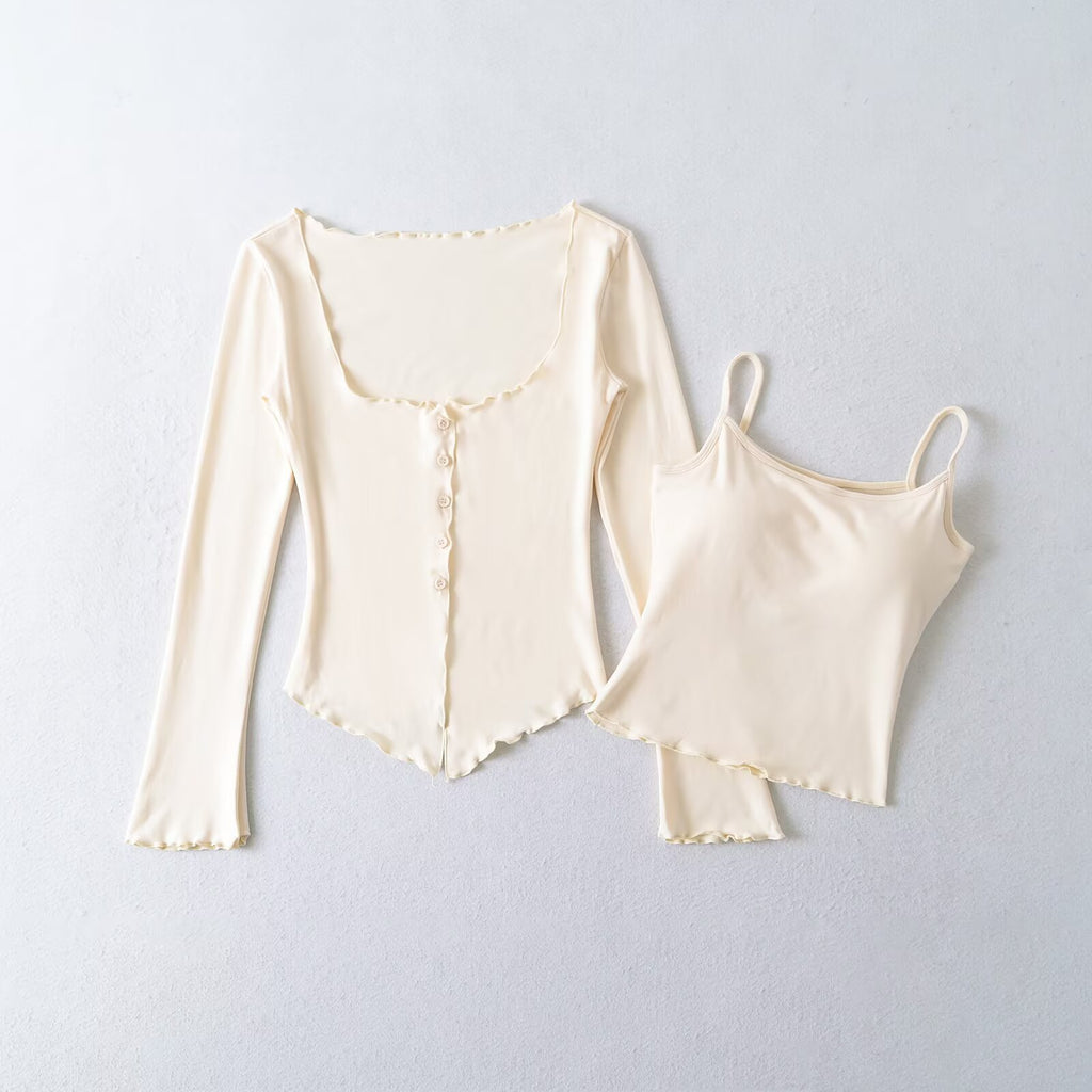 Damen Longsleeve Top mit Knopfleiste und eleganten Volants WW