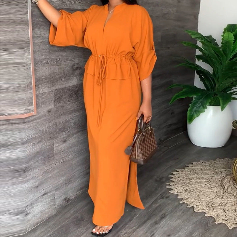 Damen Elegantes Maxikleid mit taillierbarem Gürtel und weit geschnittenen Ärmeln W&W Mode