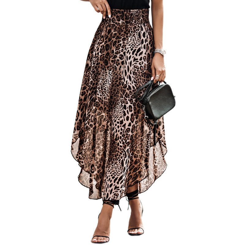 Damen eleganter Maxirock mit asymmetrischem Saum und tierischem Leopardenmuster WW
