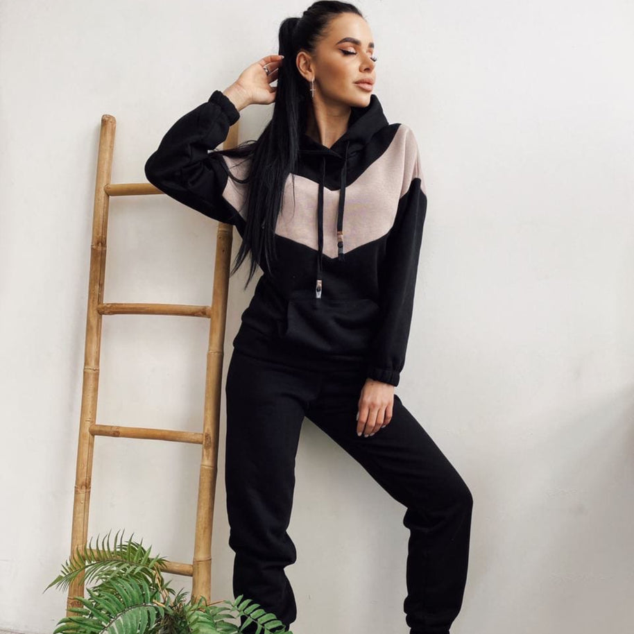 Damen Sportliches Fleece-Lounge-Set mit modernem Farbblockdesign WW