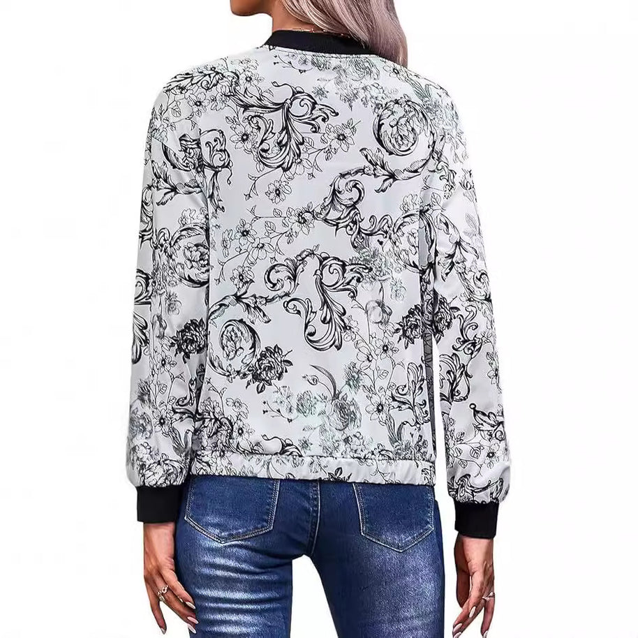 Damen Bomberjacke mit floralem Muster und elastischen Bündchen WW