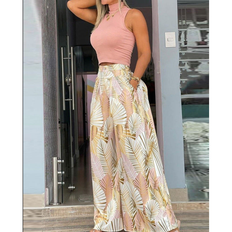 Damen Stilvolles Zweiteiliges Cropped Top und Breite Hosen Set WW