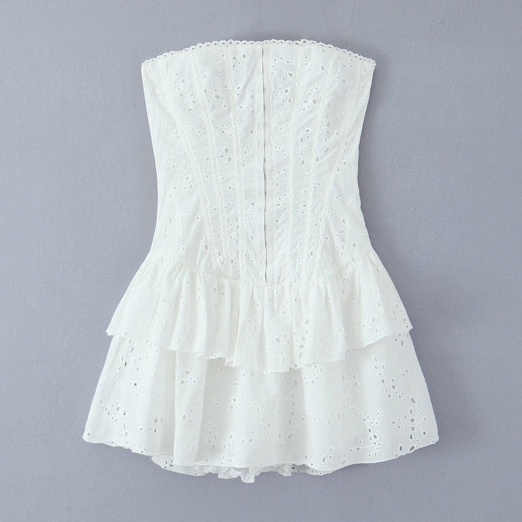 Damen Neckholder Minikleid mit voluminösem Rüschensaum und ausgearbeiteten Blumenmustern WW