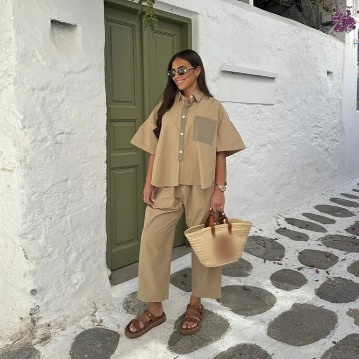 Damen lässiger Zweiteiler mit schickem Hemd und weiten Hosen W&W Mode