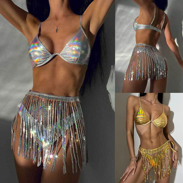 Damen Glitzernder Bauchfreies Top mit Glitzerfransen W&W