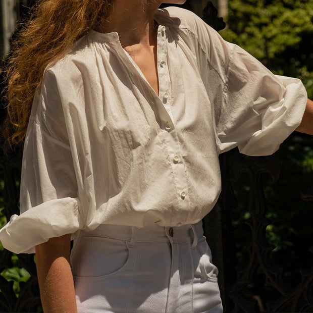 Damen Bluse mit hohem Kragen und eleganter Knopfleiste WW